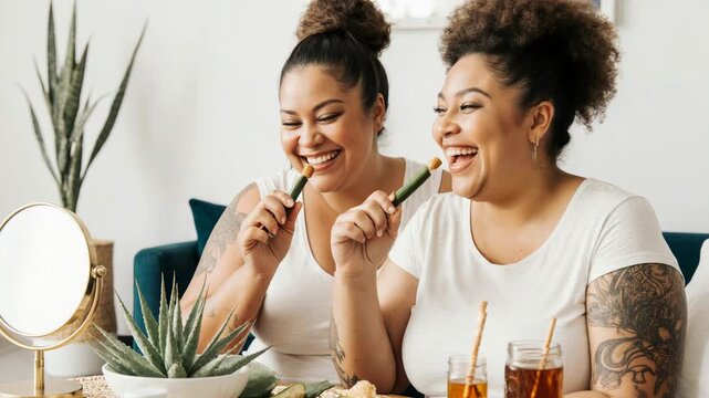 wo Cheerful Women Brushing Teeth Together with Bamboo Toothbrushes