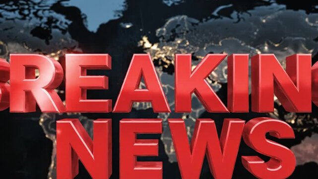 Urgent breaking news alert over a world map, perfect for global updates, crises, or market-moving reports, use for digital broadcasts and online media