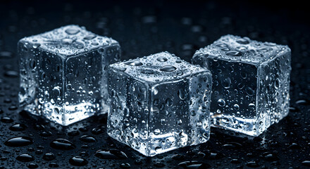 Three Transparent Ice Cubes with Water Droplets on Black Surface