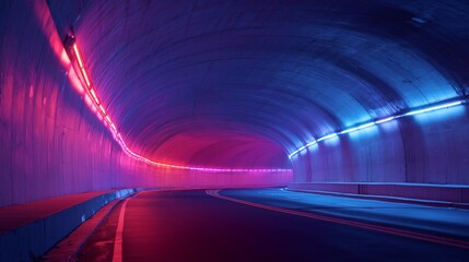 Empty curved road tunnel illuminated by glowing pink and blue neon lights