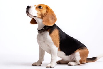 A beagle is seated on a white backdrop, displaying an alert demeanor and a sleek coat