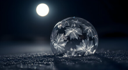 Frozen Soap Bubble with Intricate Ice Crystals Under Moonlight, Winter's Delicate Artistry