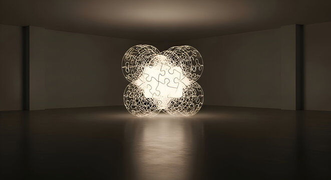 Discover innovative solutions and strategic connections with this glowing puzzle sphere, ideal for teamwork and problem solving concepts