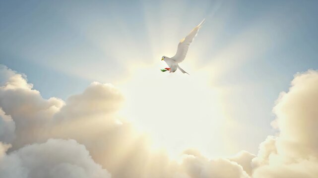 Peaceful dove holding olive branch flying through golden clouds. Ideal for Martin Luther King Jr. Day, human rights or unity themes