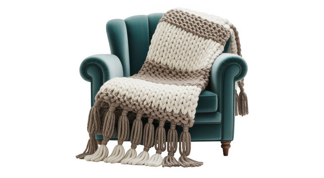 Teal armchair with chunky knit throw blanket featuring tassels isolated on a transparent background - Powered by Adobe