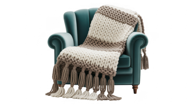Teal armchair with chunky knit throw blanket featuring tassels isolated on a transparent background