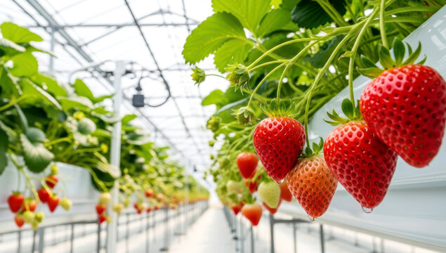 가득 열린 딸기가 줄지어 매달린 딸기 하우스 농장