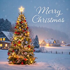 Illuminated christmas tree in a snowy village at dusk