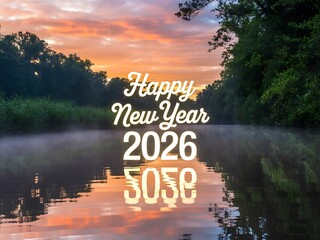Serene sunrise reflects happy new year 2026 wishes on a misty river amidst lush greenery