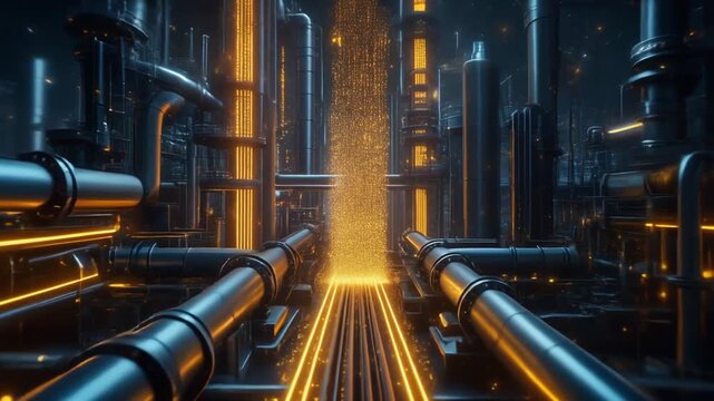 A captivating futuristic infrastructure with gleaming pipelines channeling powerful digital energy and data streams through an intricate, high-tech network environment