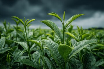 Obraz premium Early morning light illuminates a vibrant plantation where lush green tea leaves are thriving in a close view