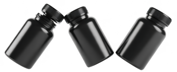 Three black plastic pill bottles with ribbed caps arranged diagonally on a black background isolated on a transparent background
