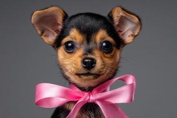 A brown chihuahua wearing a pink ribbon is positioned in front of a dark indoor background