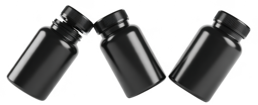 Three black plastic pill bottles with ribbed caps arranged diagonally on a black background isolated on a transparent background