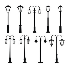Set of vintage silhouettes of lamps tools and streetlights