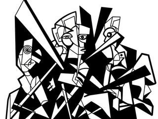 Cubist Style Illustration of Three Faces in Black and White