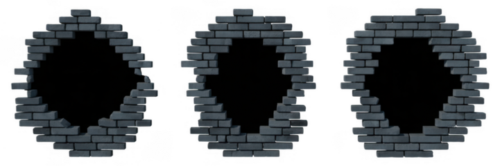 Three circular broken dark grey brick walls with black background isolated on a transparent background