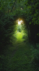 Obraz premium Enchanting path through dense forest tunnel. Sunlight illuminates the vibrant green grass ahead.