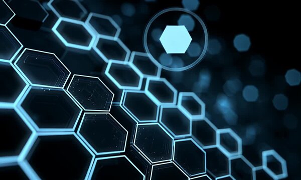 A mesmerizing digital pattern featuring glowing blue hexagonal shapes arranged in a symmetrical design against a deep dark background creating a futuristic and abstract visual