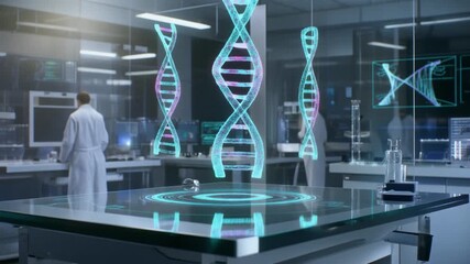 Advanced laboratory with holographic DNA models and scientists in futuristic research setting