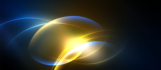 Abstract glowing shapes overlap, creating vibrant blue, yellow light effects against dark background. Smooth gradients define forms.