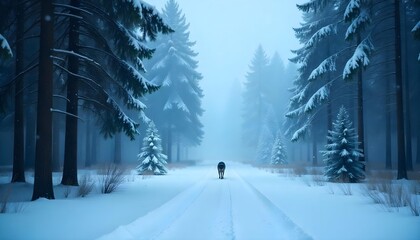 Obraz premium Cinematic snowy forest background, tall pine trees, gentle falling snow, foggy winter atmosphere