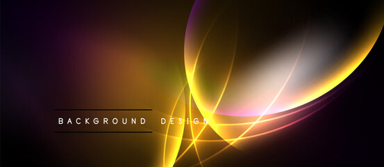 Dark background features vibrant orange, purple light streaks. Modern design elements create dynamic visual effect. Text reads background design.