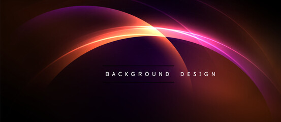 Abstract glowing curves create dynamic composition. Dark background emphasizes vibrant colors, modern design element.