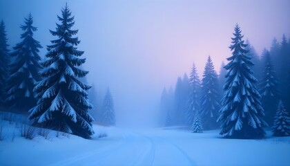 Naklejka premium Cinematic snowy forest background, tall pine trees, gentle falling snow, foggy winter atmosphere