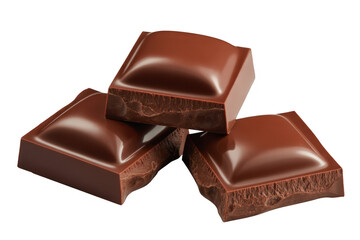 Obraz premium Three dark chocolate squares stacked on a black background showing textured interiors isolated on a transparent background
