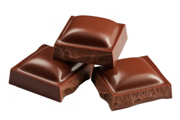 Three dark chocolate squares stacked on a black background showing textured interiors isolated on a transparent background