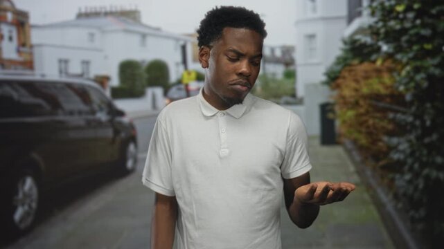 Man holds palms up with puzzled gaze on city street lined with parked vehicles; uncertainty dilemma.