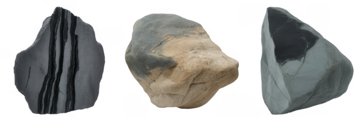 Three distinct natural stones with varied textures and patterns isolated on a transparent background