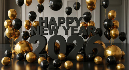 Festive Happy New Year 2026 celebration with black and gold balloons, a stylish holiday greeting for seasonal promotions and events