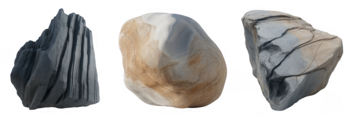 Three distinct textured rocks with varying shapes and colors isolated on a transparent background