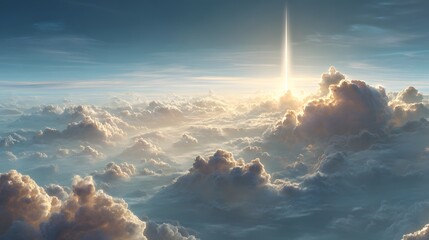 Celestial ascendancy ethereal sunrise above billowing clouds tranquil skies digital artwork