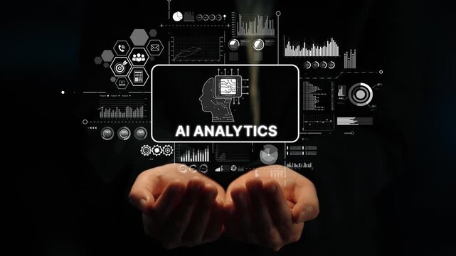 Innovative AI Analytics Concept with Hands Displaying Data Visualization and Technology Interfaces. Asymptotic smart data analytic.