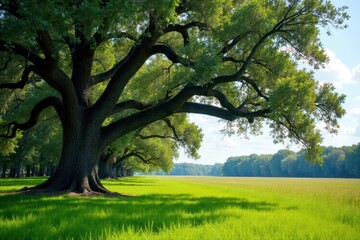 Obraz premium Live oak bough, Spanish moss, Myakka River State Park, vibrant spring meadow , tree, background
