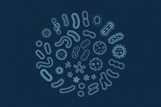 Collection of diverse microscopic organisms and bacteria in a circular pattern