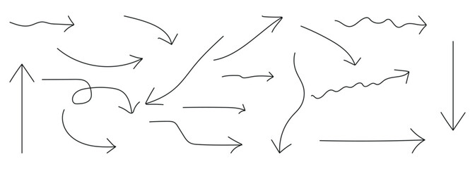 Hand drawn line chalk brush stroke arrow icon set. Various black brush drawn curved arrows. Doodle arrows for concept design. A black brush stroke arrow points diagonally upward.
