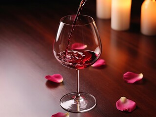 A romantic evening unfolds with red wine being poured into a crystal glass surrounded by delicate rose petals and soft candlelight