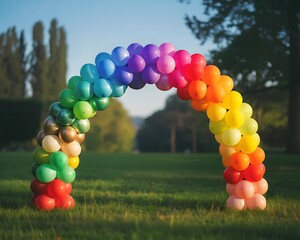 Vibrant rainbow balloon archway standing tall outdoors on lush green grass under a softly lit sky