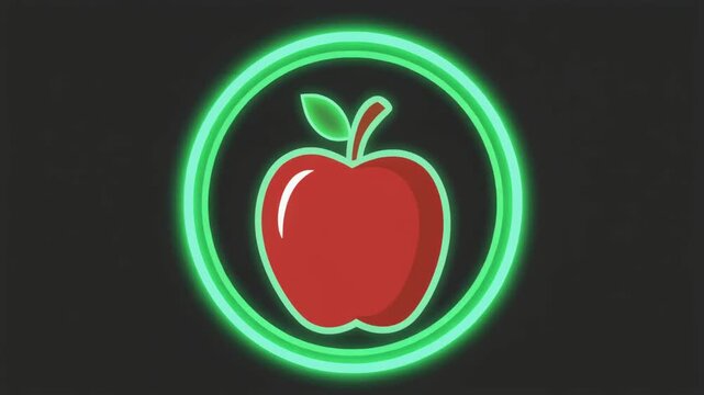 Vector illustration of a fresh red apple with a green leaf on a black background, symbolizing healthy fruit and organic diet. Business flat illustration of a large, stylized apple or fruit 