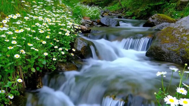 A babbling brook winds through a meadow of daisies