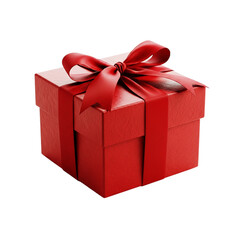 Obraz premium A vibrant red gift box tied with a matching satin ribbon bow is isolated on a transparent background for holiday promotions.