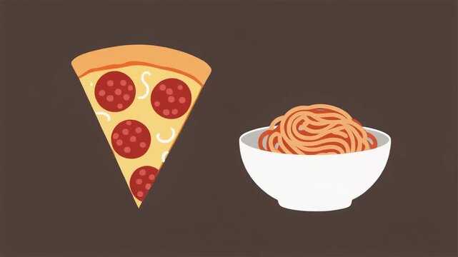 A delicious vector illustration of a tasty sweet chocolate cake, cream, and ice cream cone. Modern vector art of a slice of pizza with simple toppings (pepperoni-cheese) or a bowl 