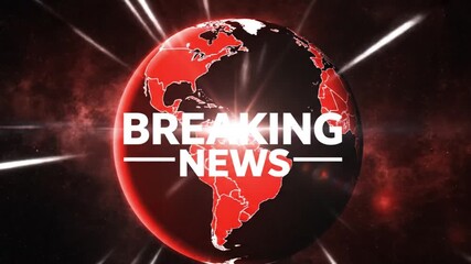 Urgent breaking news broadcast with dynamic red globe and powerful light rays for impactful storytelling or global updates