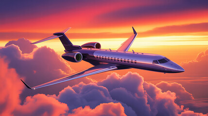 Sleek private jet soaring through vibrant sunset clouds with dramatic lighting
