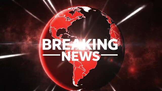 Urgent breaking news broadcast with dynamic red globe and powerful light rays for impactful storytelling or global updates