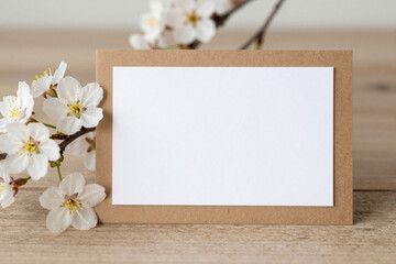 Delicate white cherry blossoms frame a blank customizable card template, providing a fresh spring background for heartfelt messages or invitations on a wooden surface